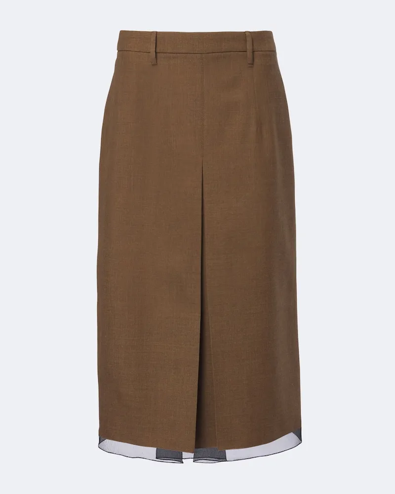 Prada Midirock aus Schurwolle mit Chiffon Braun