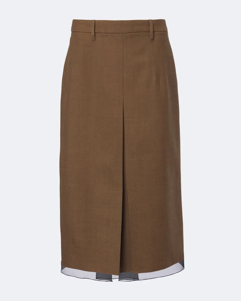 Prada Midirock aus Schurwolle mit Chiffon Braun
