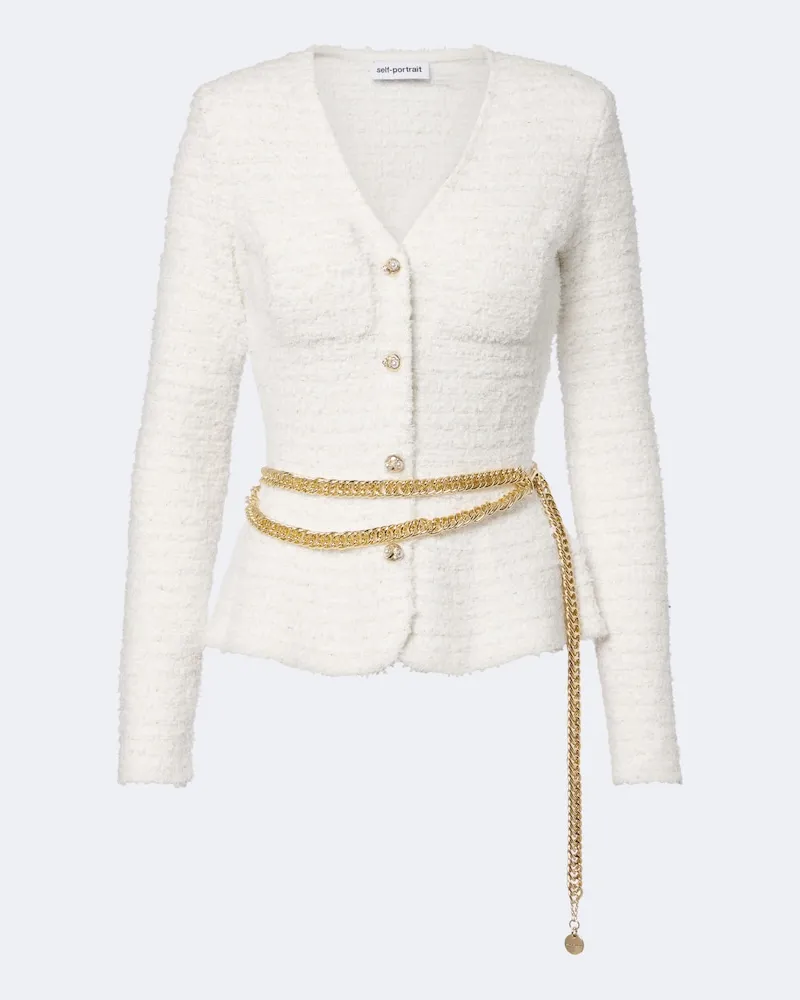Self-Portrait Verzierter Cardigan aus Bouclé Weiß