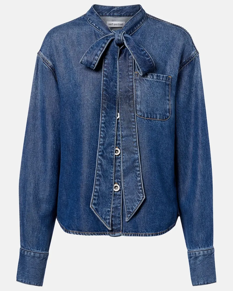 Self-Portrait Schluppenbluse aus Denim Blau