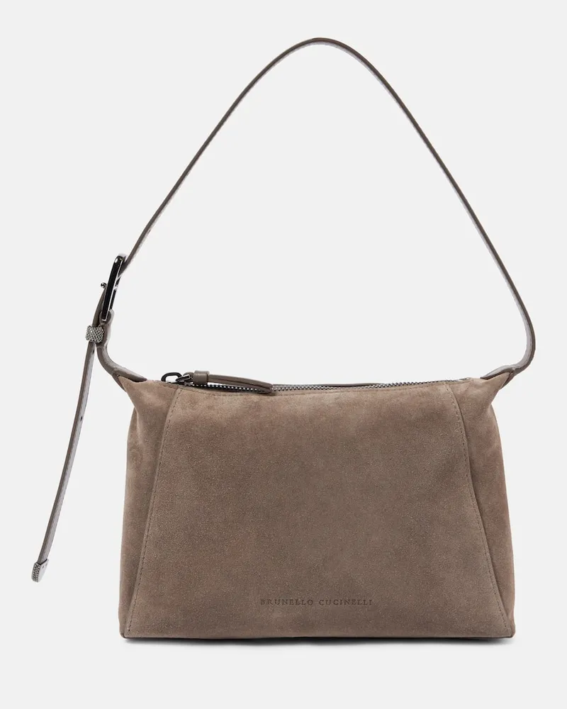 Brunello Cucinelli Schultertasche Duo Small aus Veloursleder Braun