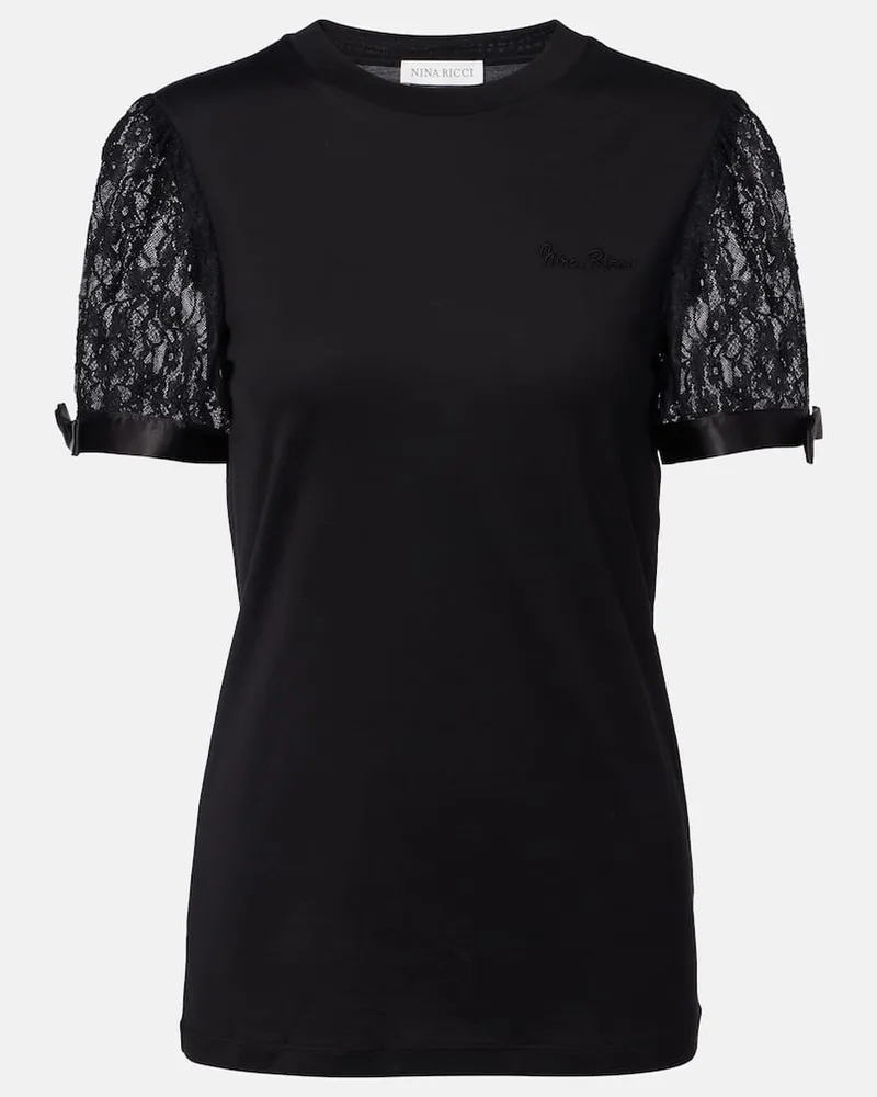 Nina Ricci T-Shirt aus Baumwoll-Jersey mit Spitze Schwarz