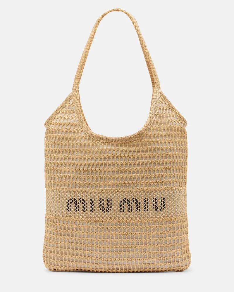 Miu Miu Shopper Ivy aus Leinen und Raffiabast Beige