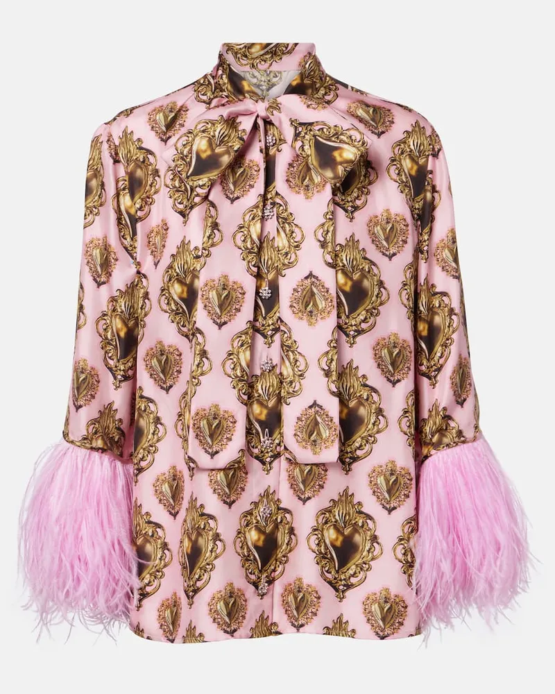 Dolce & Gabbana Bedruckte Schluppenbluse aus Seide mit Federn Pink