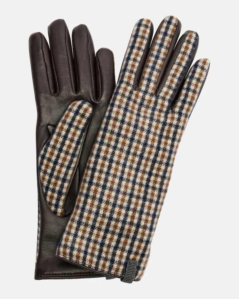 Brunello Cucinelli Handschuhe Monili aus Schurwolle mit Leder Braun