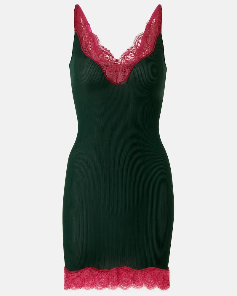 Saint Laurent Slipdress aus Seiden-Jersey mit Spitze Grün