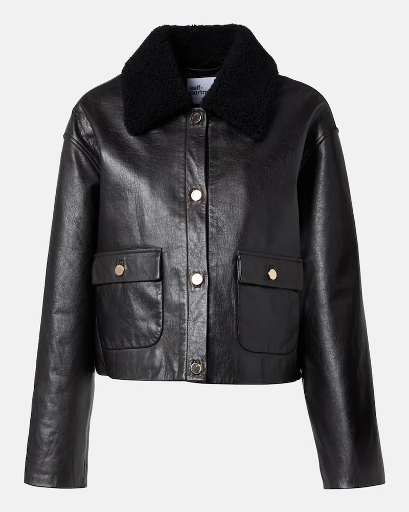 Self-Portrait Lederjacke mit Shearling Schwarz