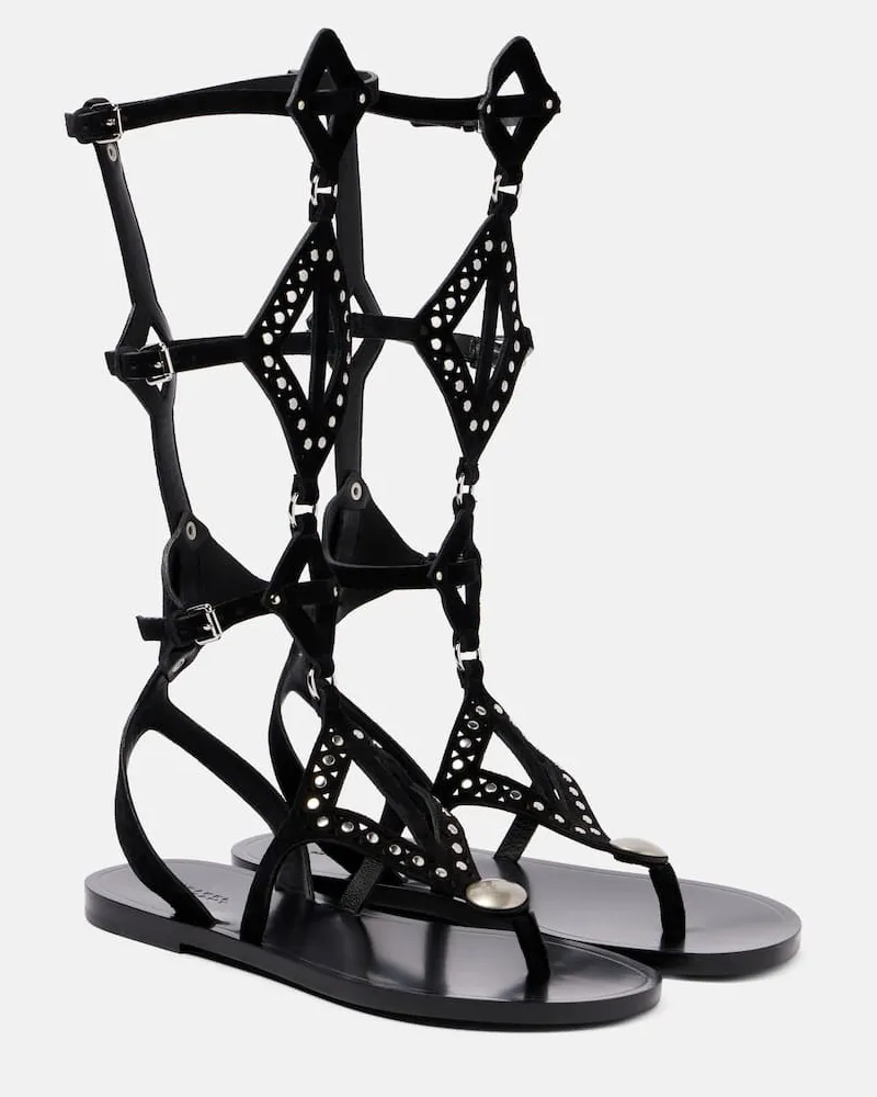 Isabel Marant Verzierte Römersandalen Boham aus Veloursleder Schwarz