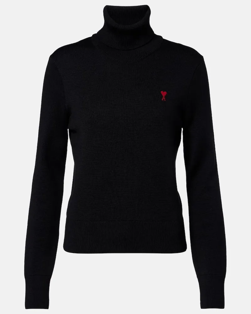 AMI Paris Rollkragenpullover Ami de Cœur aus Wolle Schwarz