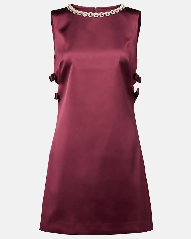 Self-Portrait Minikleid aus Satin mit Kristallen Burgund