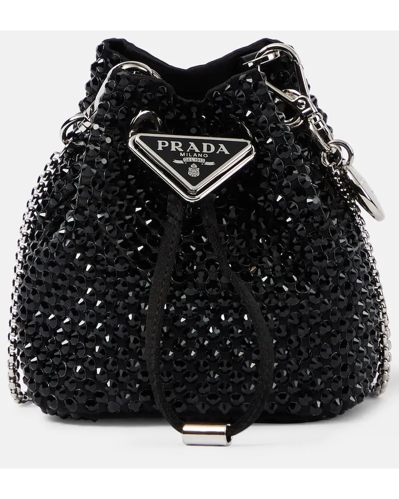 Prada Bucket-Bag Mini aus Satin mit Kristallen Schwarz