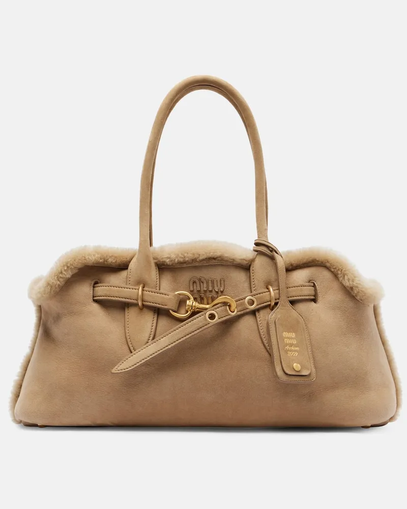 Miu Miu Tote Bag Adventure aus Veloursleder mit Shearling Beige