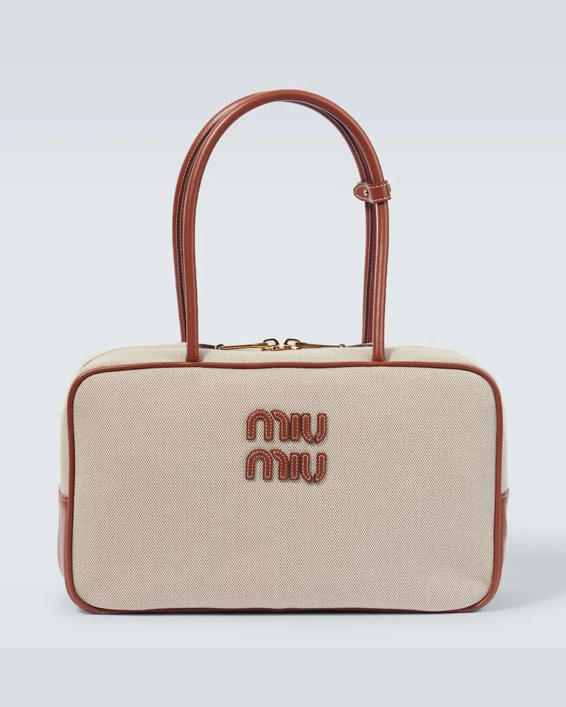 Miu Miu Tote Bag aus Canvas mit Leder Nude