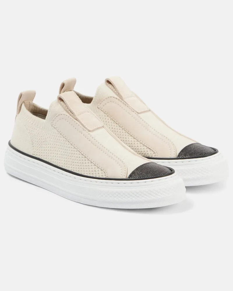 Brunello Cucinelli Slip-Ons Monili aus Canvas mit Veloursleder Beige
