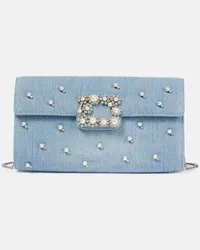 Roger Vivier Clutch Flower Strass Pearl aus Denim Blau