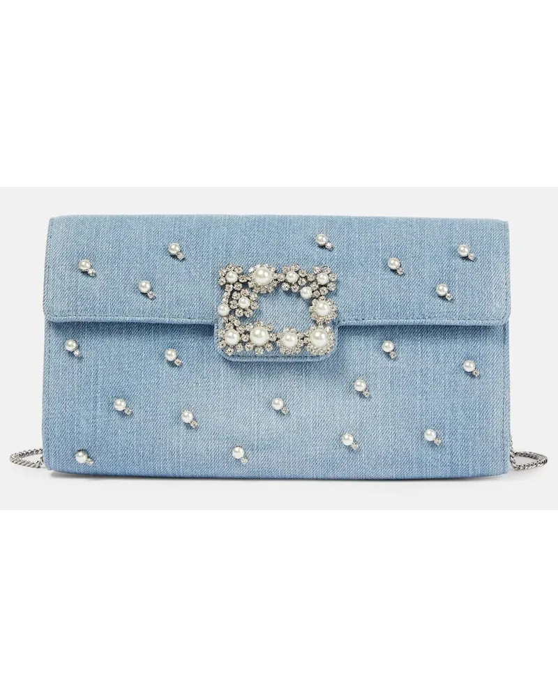 Roger Vivier Clutch Flower Strass Pearl aus Denim Blau