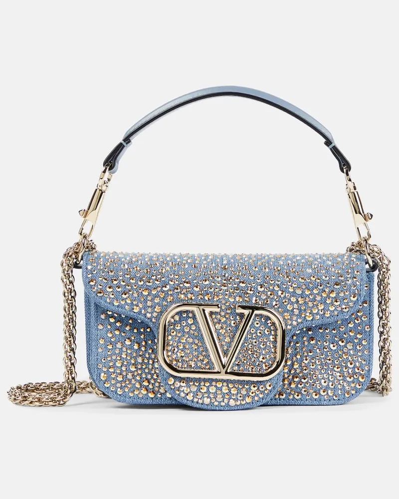 Valentino Garavani Verzierte Schultertasche Loco Small aus Denim Blau