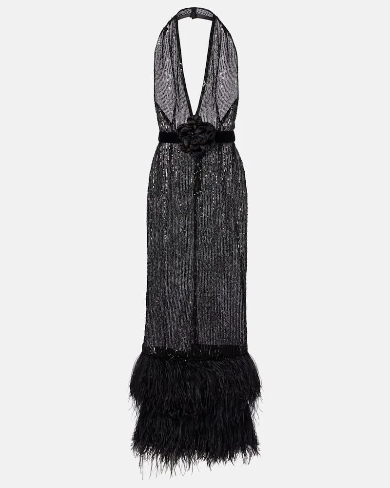Dolce & Gabbana Robe mit Pailletten und Federn Schwarz