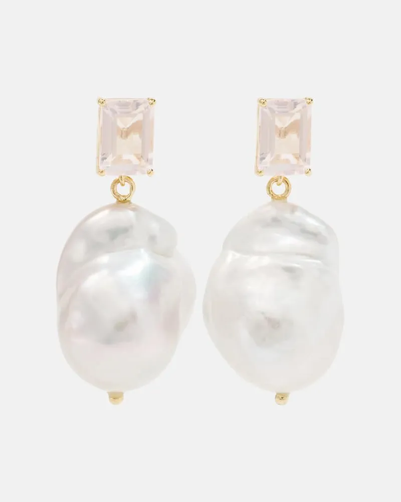 MATEO Ohrringe aus 14kt Gelbgold mit Rosenquarz und Barockperlen Gold