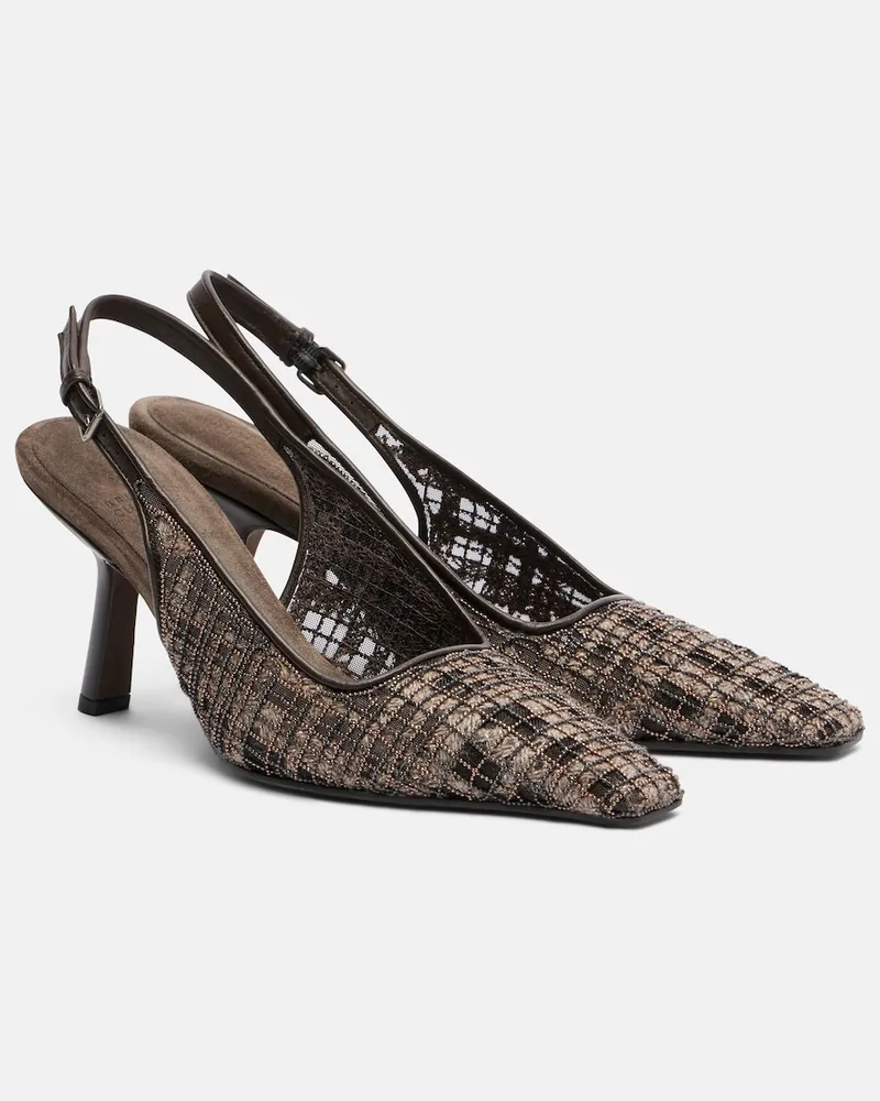 Brunello Cucinelli Verzierte Slingback-Pumps mit Lederbesatz Braun