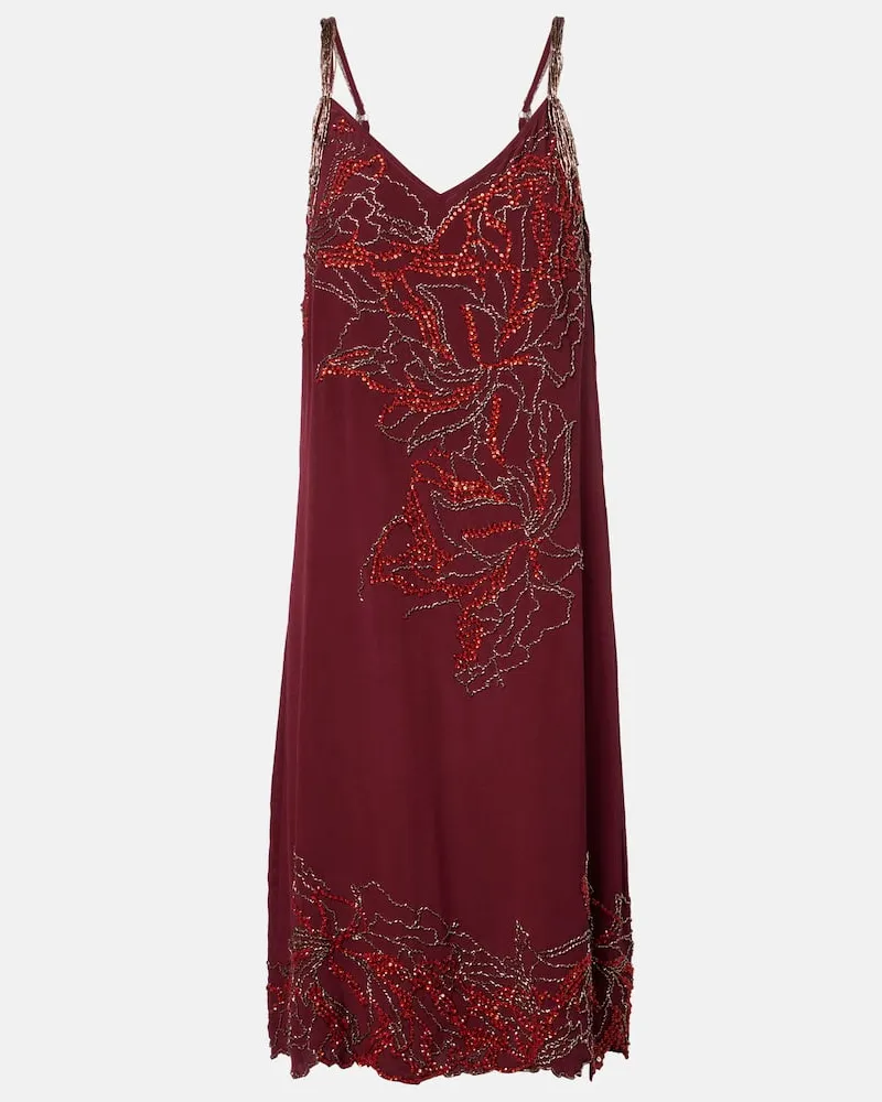 Dries van Noten Verziertes Slipdress aus Seide Burgunderrot