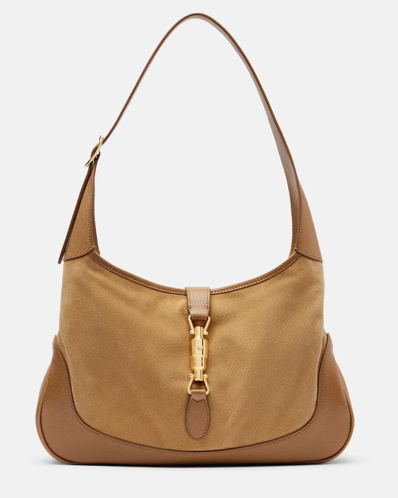 Gucci Schultertasche Jackie Medium aus Veloursleder Beige