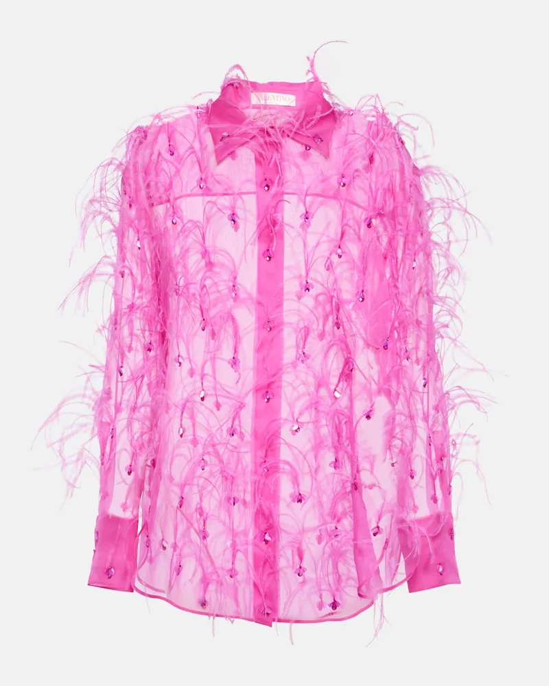 Valentino Garavani Bestickte Bluse aus Seidenorganza mit Federn Pink