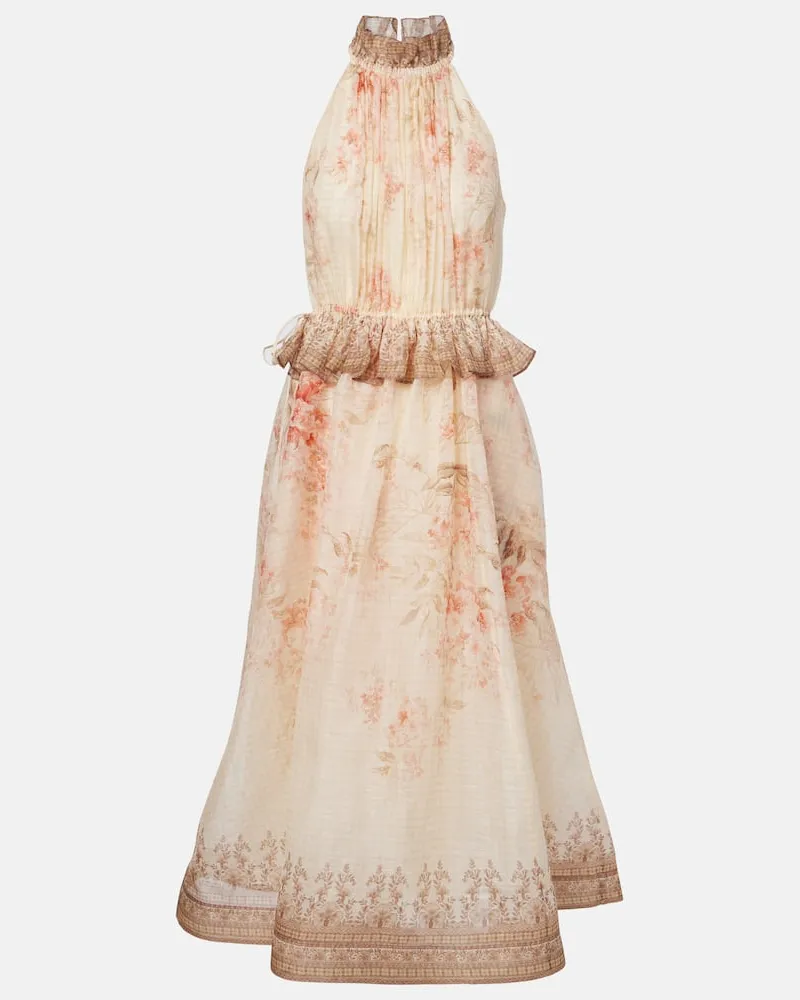 Zimmermann Midikleid Illuminate aus Leinen und Seide Beige