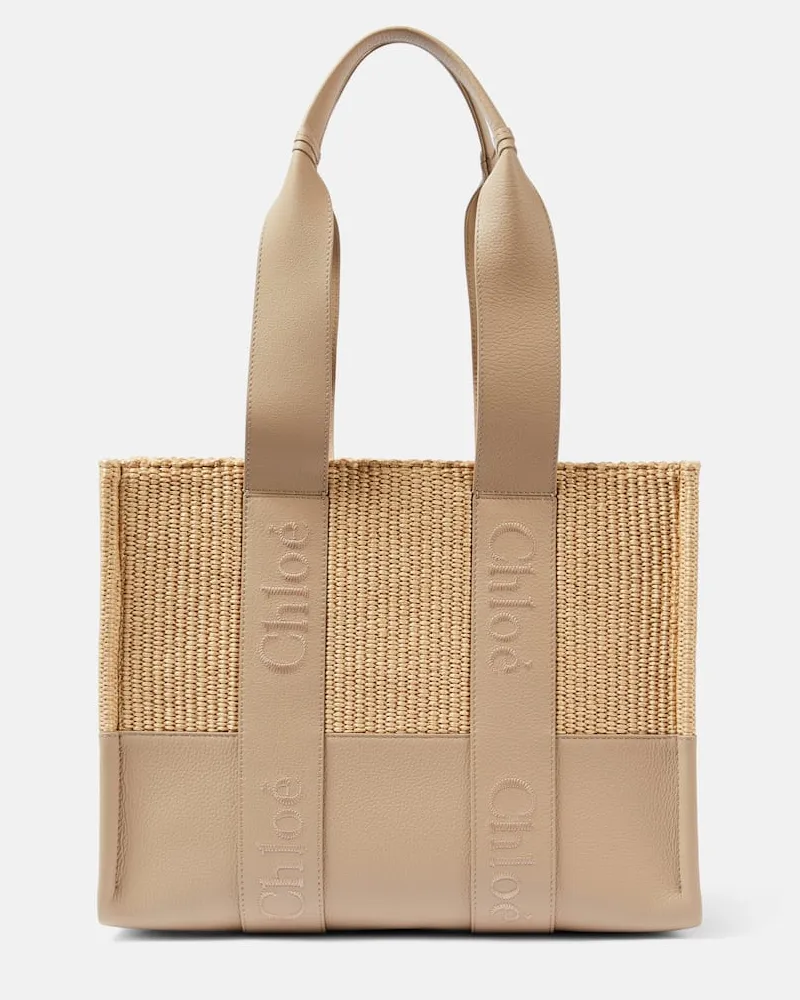 Chloé Chloe Tote Woody Medium aus Raffiabast und Leder Nude