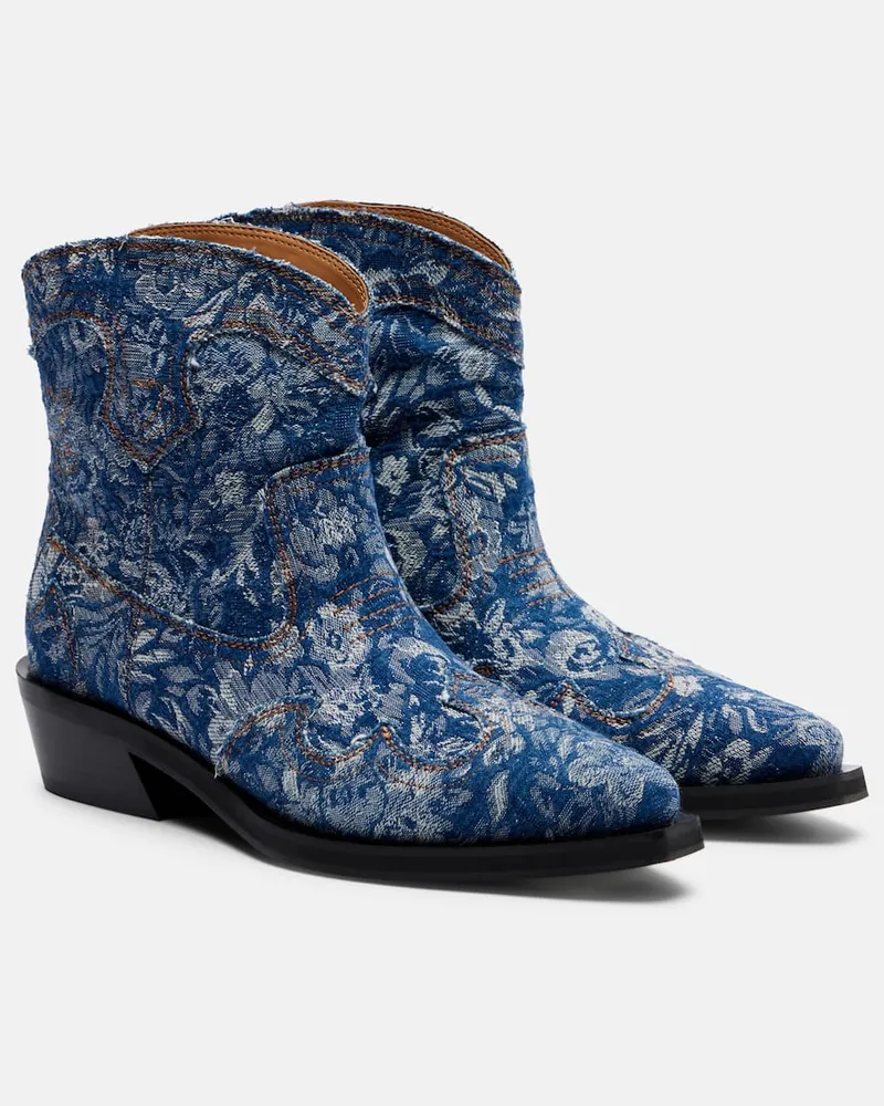 Ganni Bestickte Westernstiefel Low Shaft aus Jacquard Blau