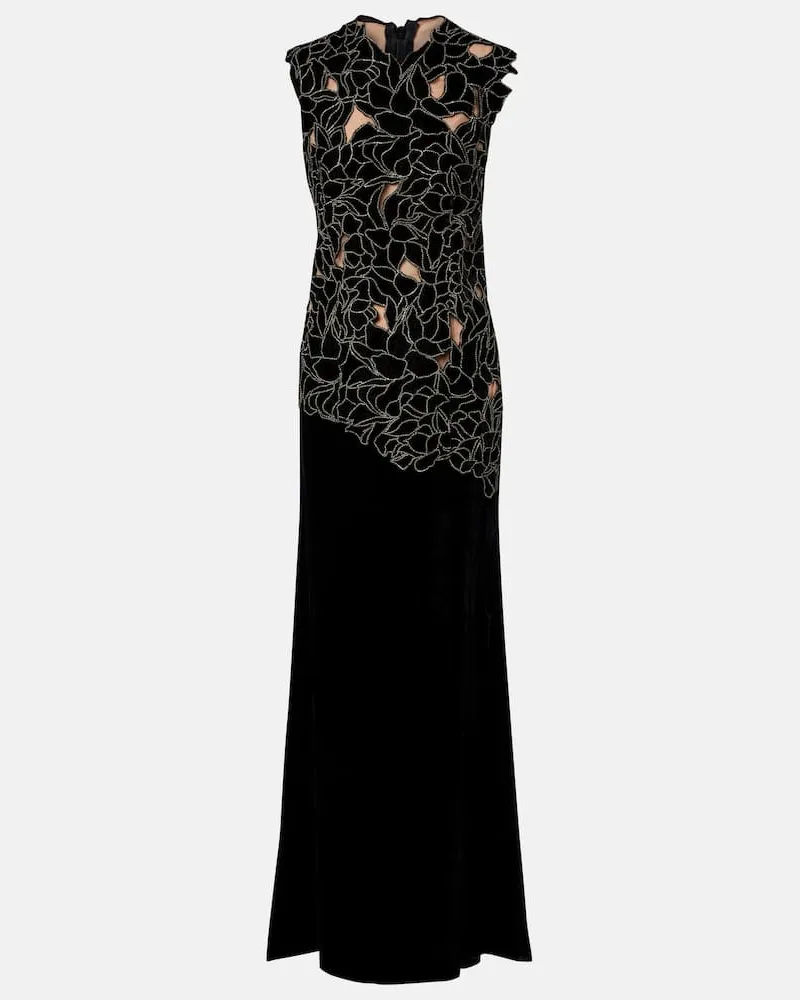 COSTARELLOS Robe Serisa aus Samt mit Spitze und Kristallen Schwarz