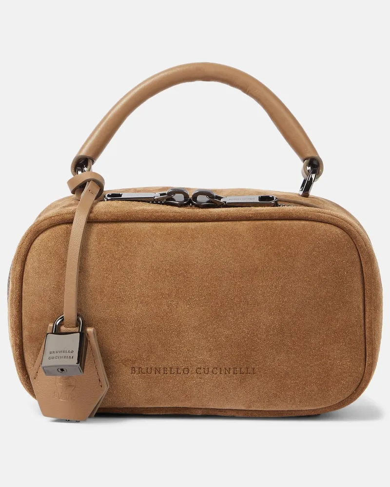 Brunello Cucinelli Tote Foulard Mini aus Veloursleder mit Leder Beige