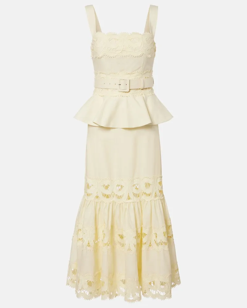 Self-Portrait Midikleid aus Leinen und Baumwolle Gelb