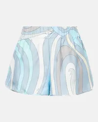 Emilio Pucci Bedruckte Shorts Marmo aus Seiden-Twill Blau