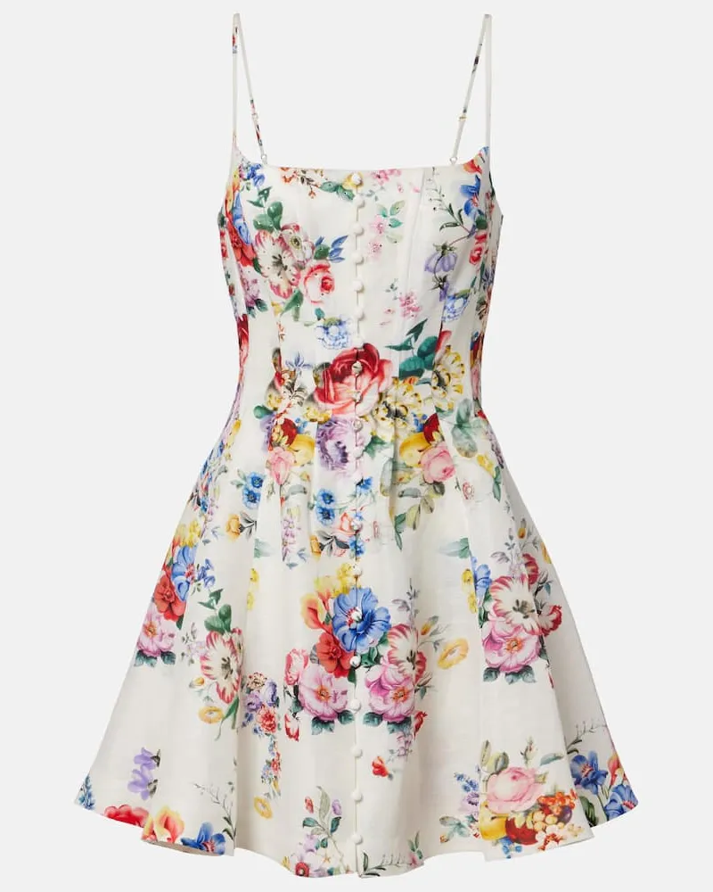 Camilla Verziertes Minikleid aus Leinen und Seide Multicolor