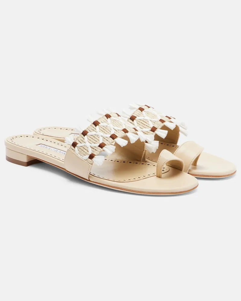 Manolo Blahnik Sandalen Brava aus Leder mit Raffiabast Beige