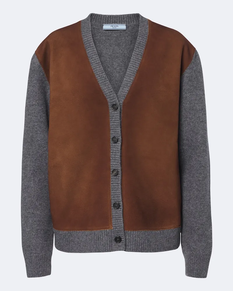 Prada Cardigan aus Schurwolle mit Veloursleder Braun