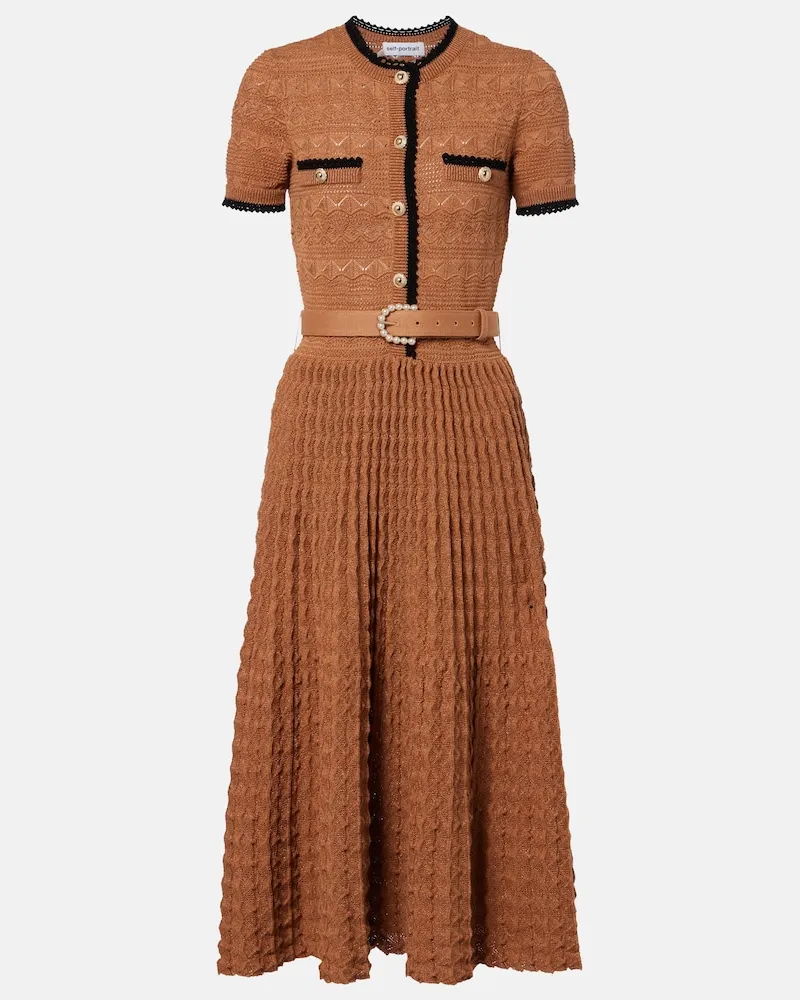 Self-Portrait Midikleid aus Pointelle-Strick Beige