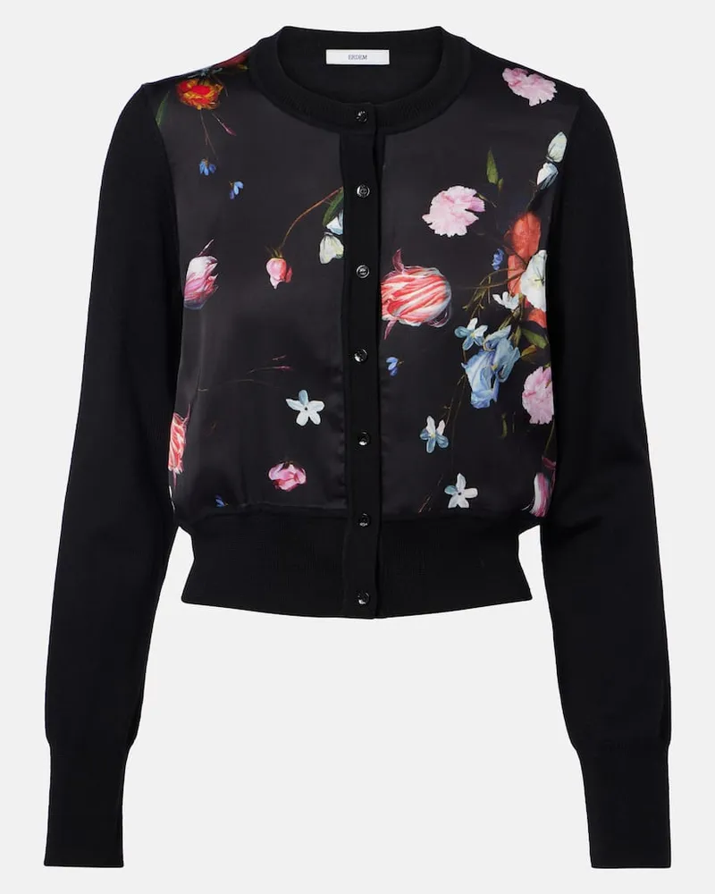 Erdem Bedruckter Cropped-Cardigan aus Wolle Schwarz