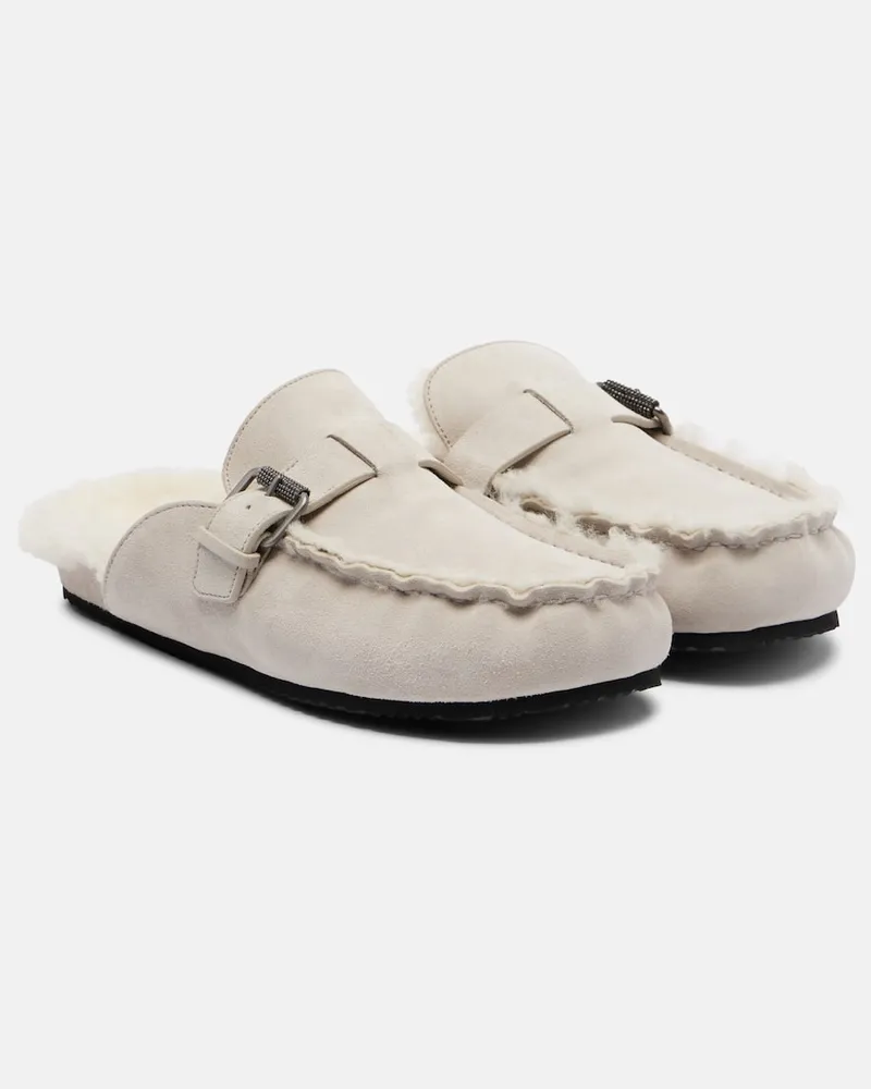 Brunello Cucinelli Slippers aus Veloursleder mit Shearling Grau