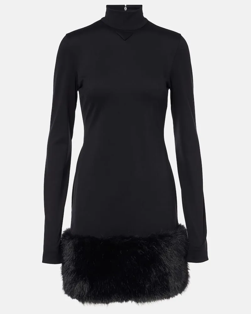 Prada Minikleid aus Jersey mit Faux Fur Schwarz