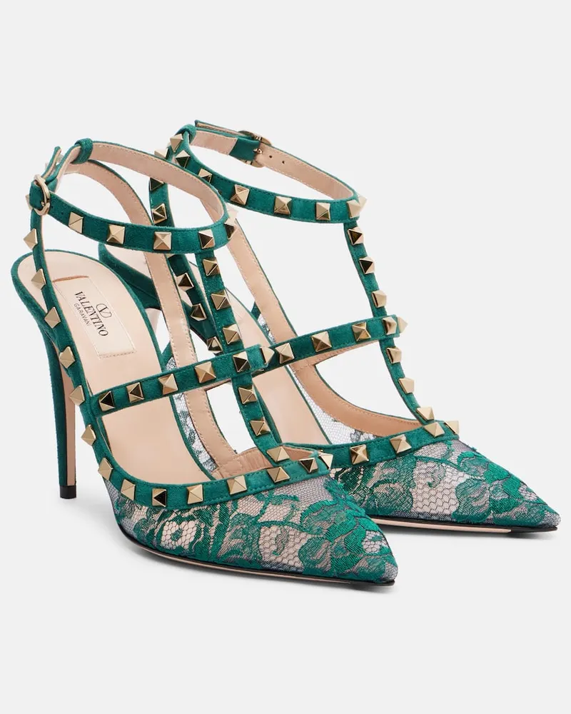 Valentino Garavani Pumps Rockstud 100 aus Spitze und Veloursleder Grã¼n