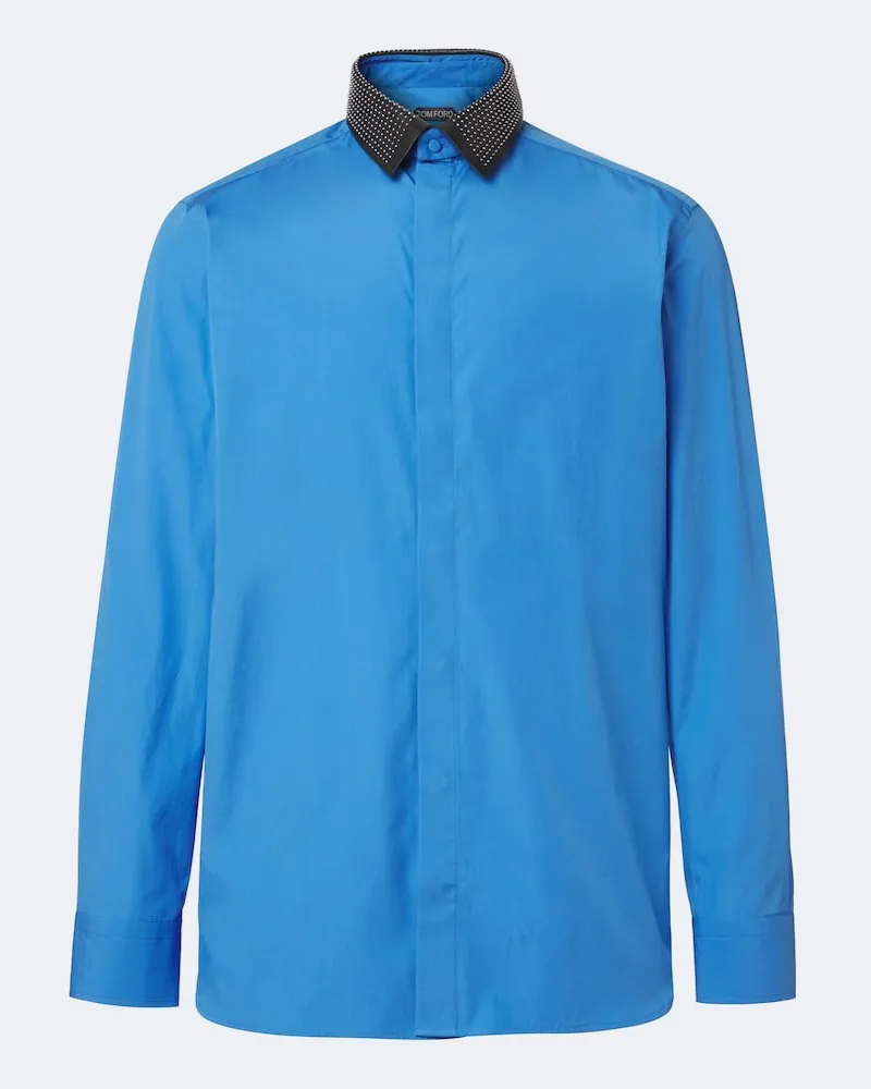 Tom Ford Verziertes Hemd aus Baumwollpopeline mit Leder Blau