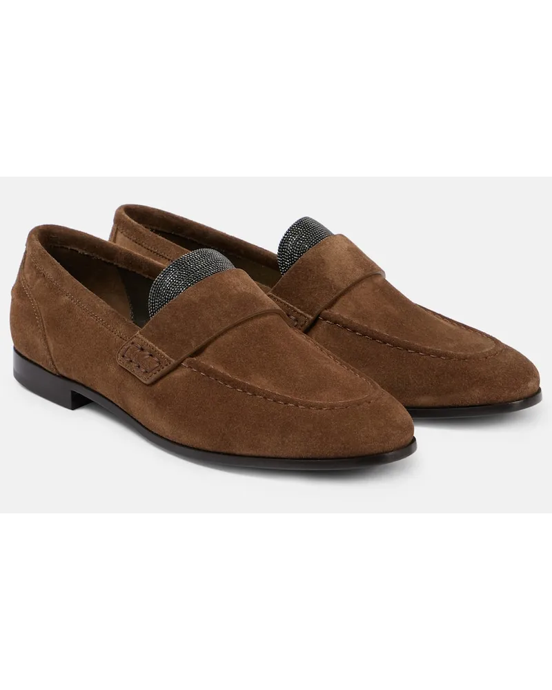 Brunello Cucinelli Verzierte Loafers aus Veloursleder Braun