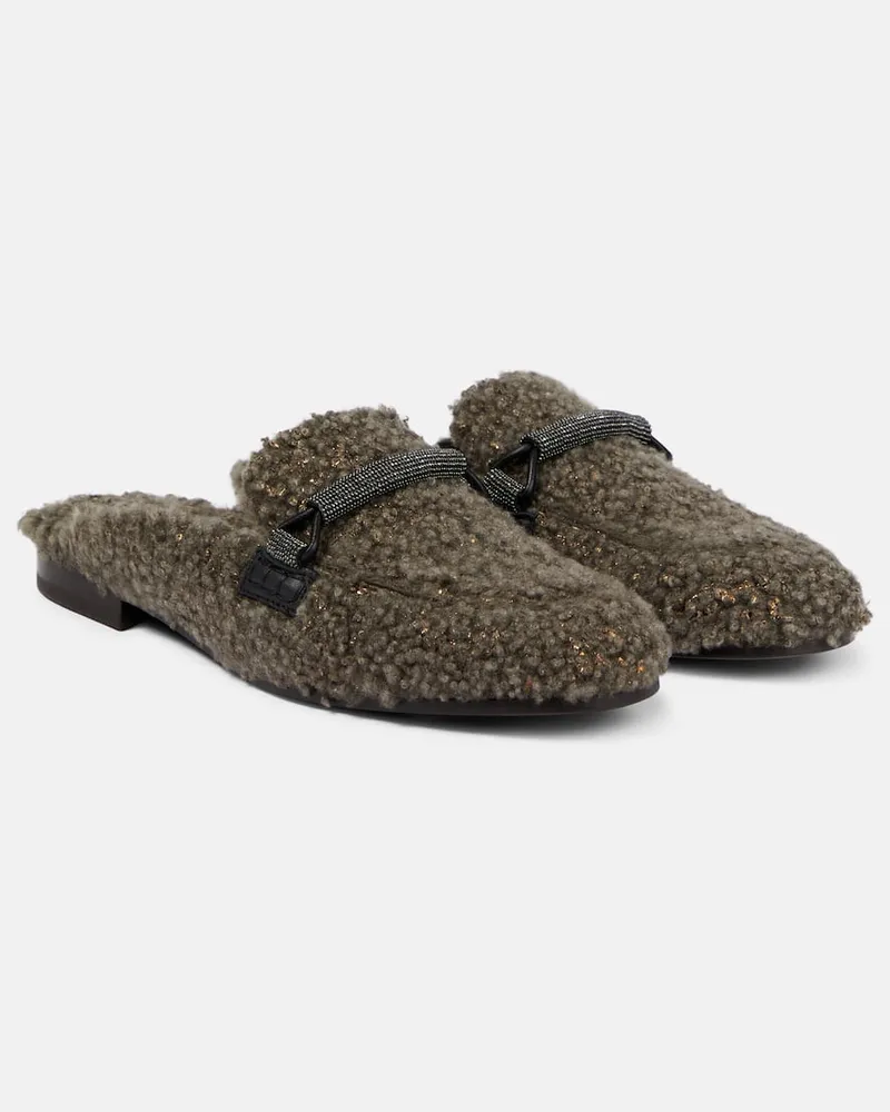 Brunello Cucinelli Verzierte Slippers aus Shearling Braun