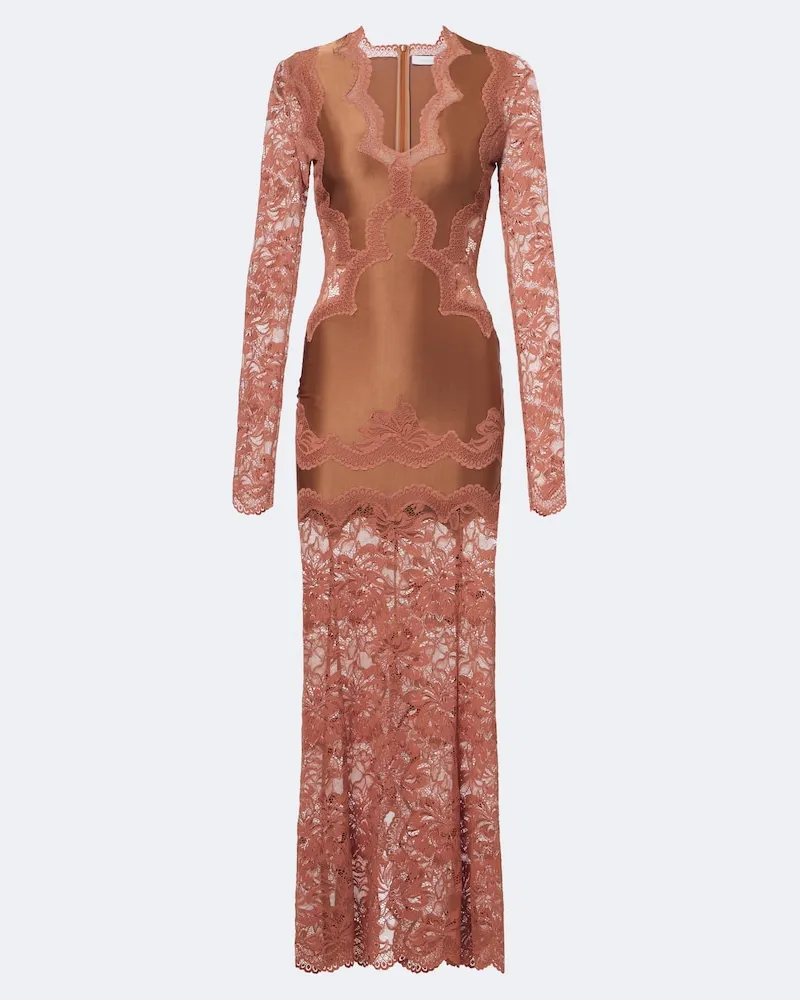 Paco Rabanne Maxikleid aus Satin mit Spitze Rosa