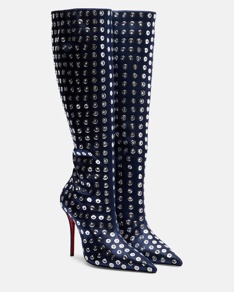 Christian Louboutin Verzierte Stiefel Miss Z 100 aus Satin Blau