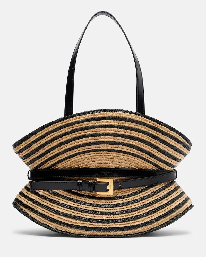 Balmain Gestreifte Schultertasche in Raffiabast-Optik Schwarz