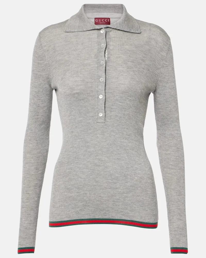 Gucci Polopullover Web Stripe aus Kaschmir und Seide Pink