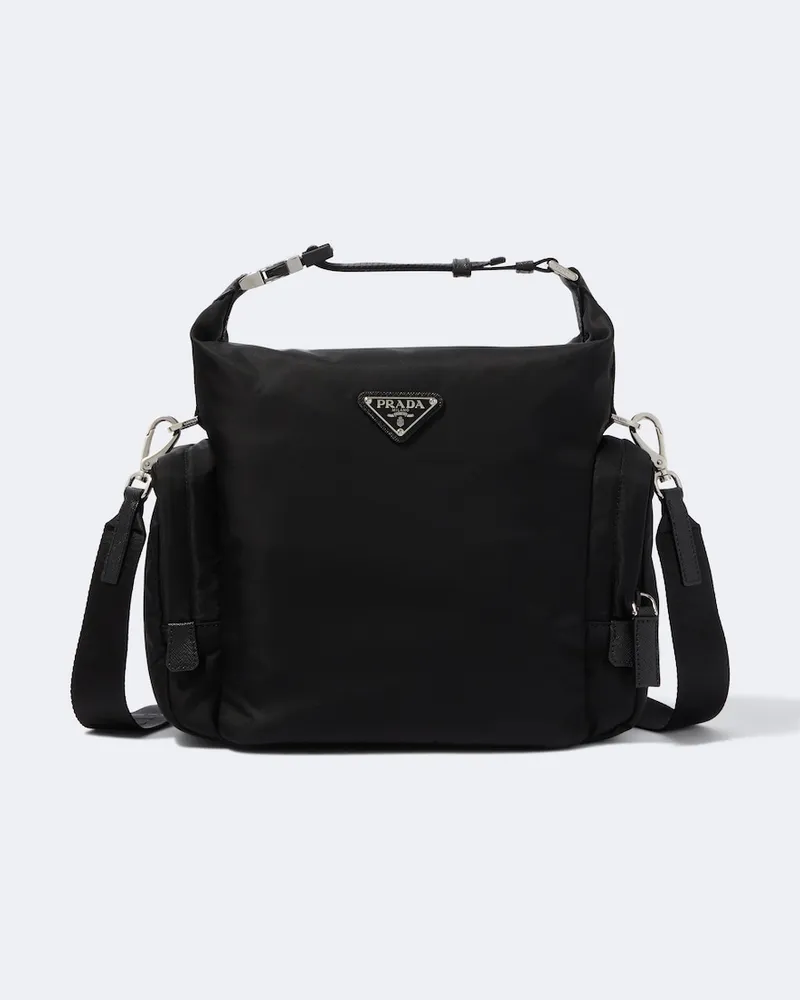 Prada Schultertasche aus Re-Nylon mit Leder Schwarz